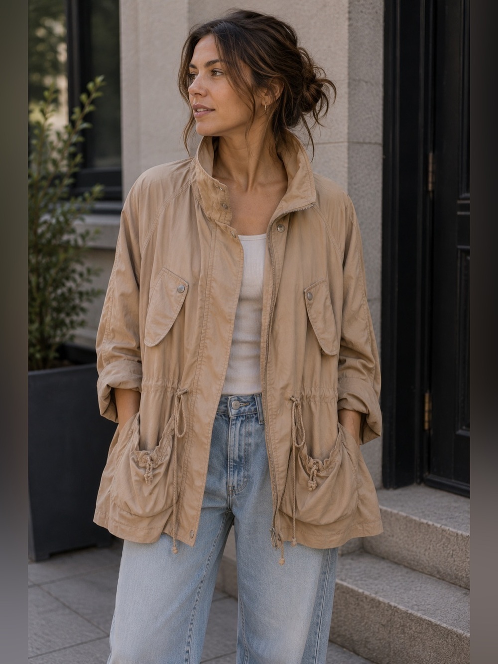 Eryn Brinie Tan Lightweight Utility Jacket Size L Neutral Minimalist Outerwear
